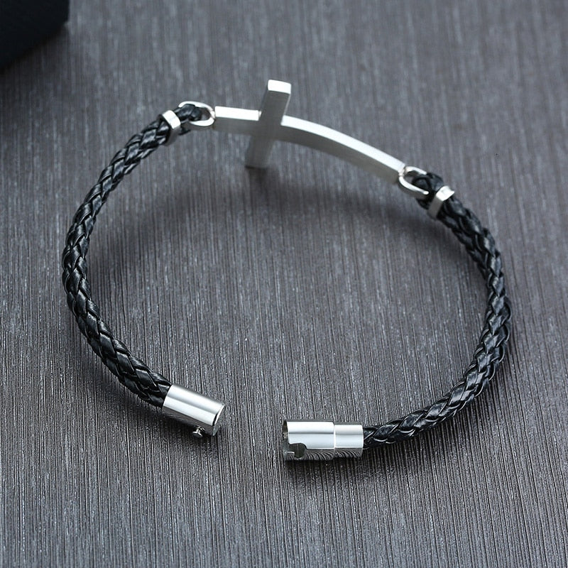 Men Casual Sideways Cross Charm Black Braided Leather Rope Bracelets Bangles Male Prayer Gifts Jewelry