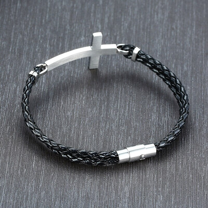 Men Casual Sideways Cross Charm Black Braided Leather Rope Bracelets Bangles Male Prayer Gifts Jewelry