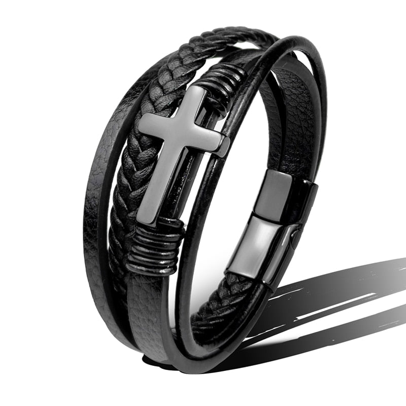 MingAo Trendy Vintage Men Leather Bracelet Cross Charms Stainless Steel Magnetic Clasp Multilayer Braided Bracelets Male Jewelry