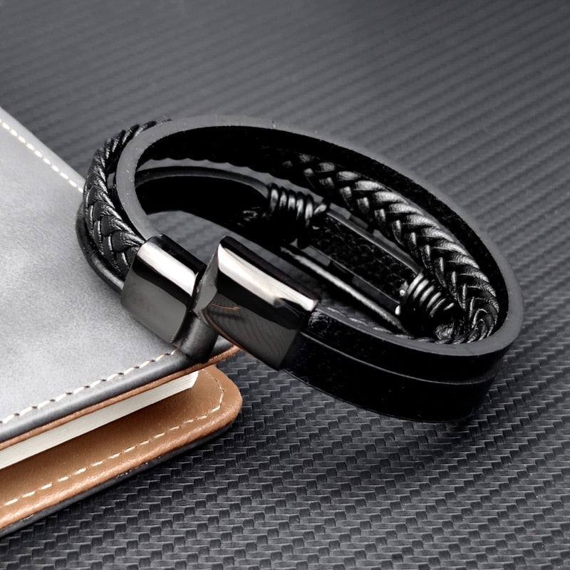 MingAo Trendy Vintage Men Leather Bracelet Cross Charms Stainless Steel Magnetic Clasp Multilayer Braided Bracelets Male Jewelry