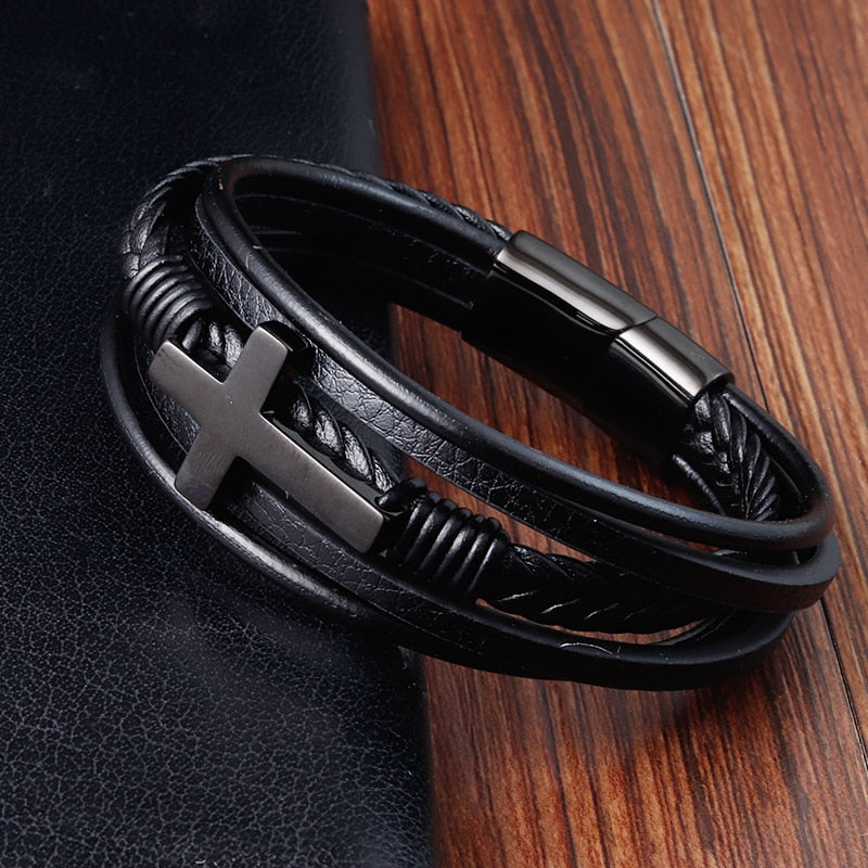 Luxury Multicolor Cross Design Classic Stainless Steel Men's Leather Bracelet Choose Handsome Men's Gifts