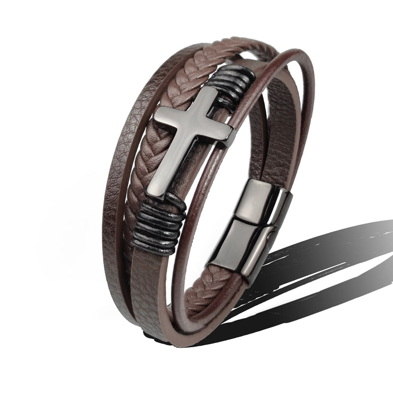 MingAo Trendy Vintage Men Leather Bracelet Cross Charms Stainless Steel Magnetic Clasp Multilayer Braided Bracelets Male Jewelry