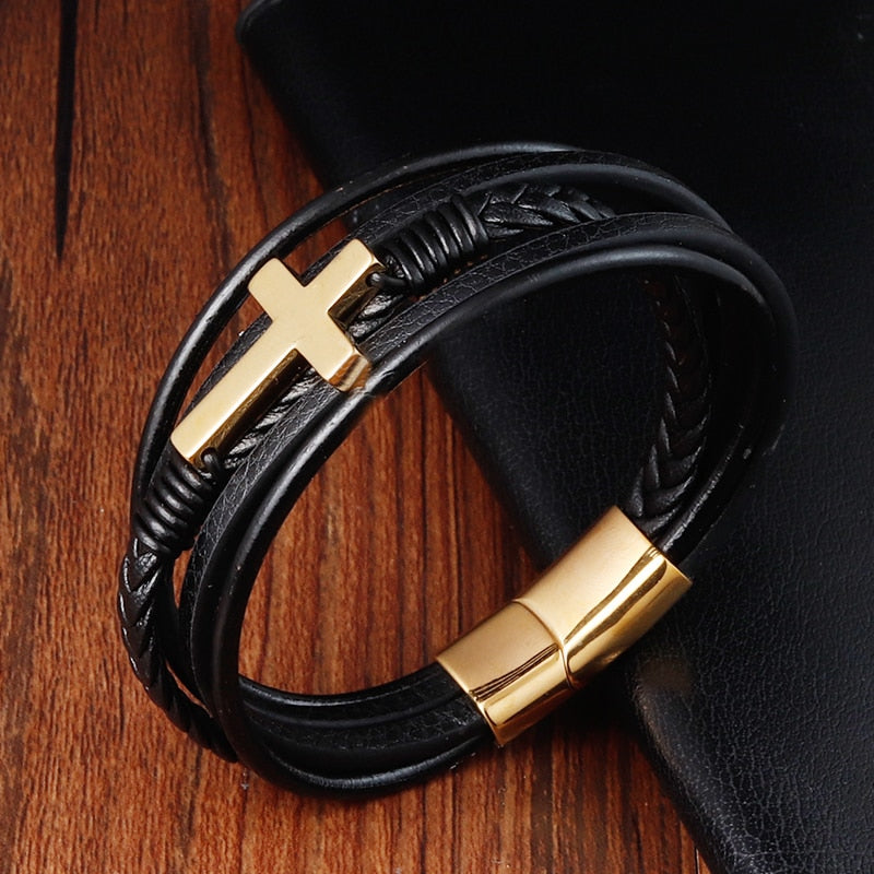 Luxury Multicolor Cross Design Classic Stainless Steel Men's Leather Bracelet Choose Handsome Men's Gifts