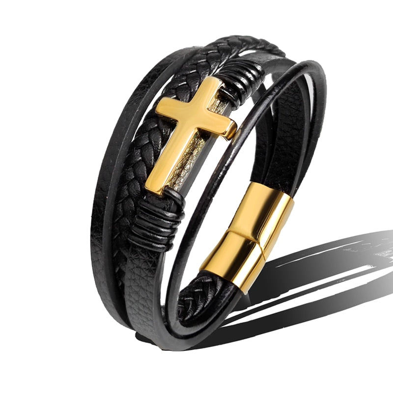 MingAo Trendy Vintage Men Leather Bracelet Cross Charms Stainless Steel Magnetic Clasp Multilayer Braided Bracelets Male Jewelry