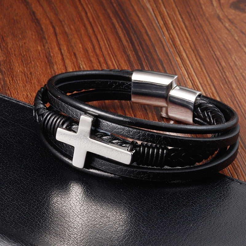 Luxury Multicolor Cross Design Classic Stainless Steel Men's Leather Bracelet Choose Handsome Men's Gifts