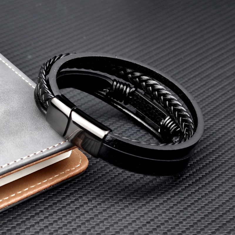 MingAo Trendy Vintage Men Leather Bracelet Cross Charms Stainless Steel Magnetic Clasp Multilayer Braided Bracelets Male Jewelry