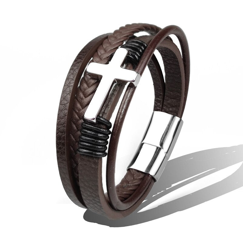 MingAo Trendy Vintage Men Leather Bracelet Cross Charms Stainless Steel Magnetic Clasp Multilayer Braided Bracelets Male Jewelry