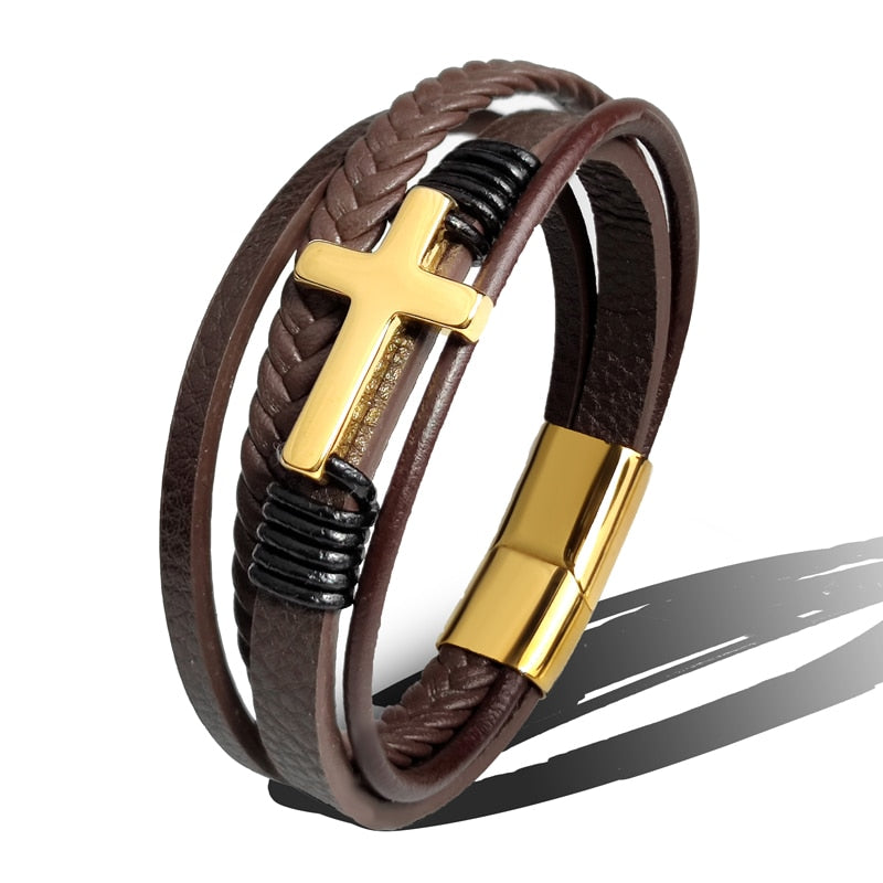 MingAo Trendy Vintage Men Leather Bracelet Cross Charms Stainless Steel Magnetic Clasp Multilayer Braided Bracelets Male Jewelry