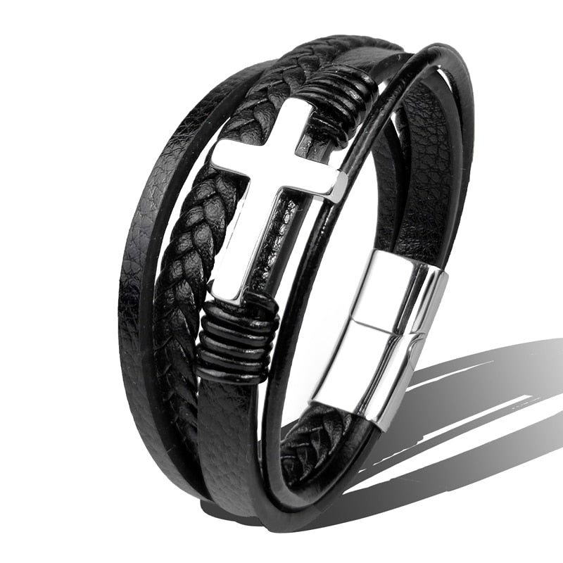 MingAo Trendy Vintage Men Leather Bracelet Cross Charms Stainless Steel Magnetic Clasp Multilayer Braided Bracelets Male Jewelry