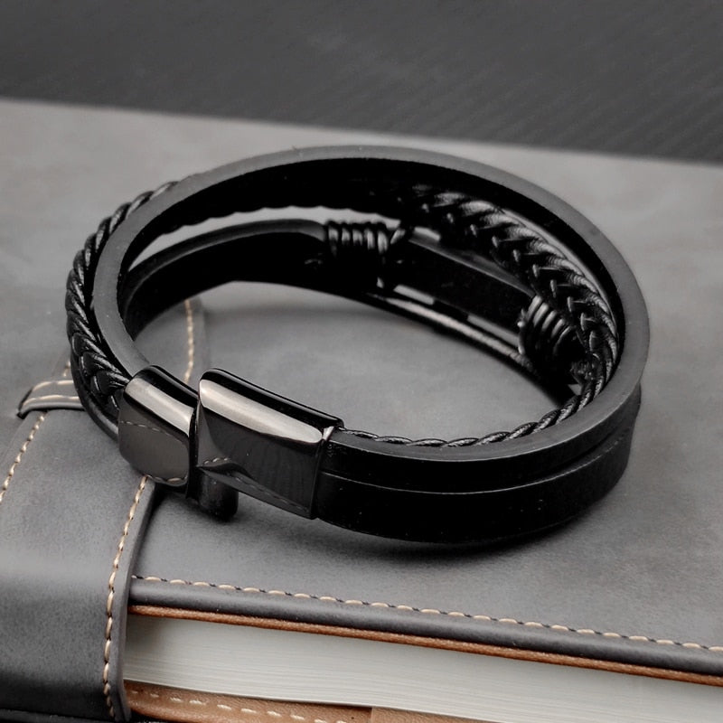 MingAo Trendy Vintage Men Leather Bracelet Cross Charms Stainless Steel Magnetic Clasp Multilayer Braided Bracelets Male Jewelry