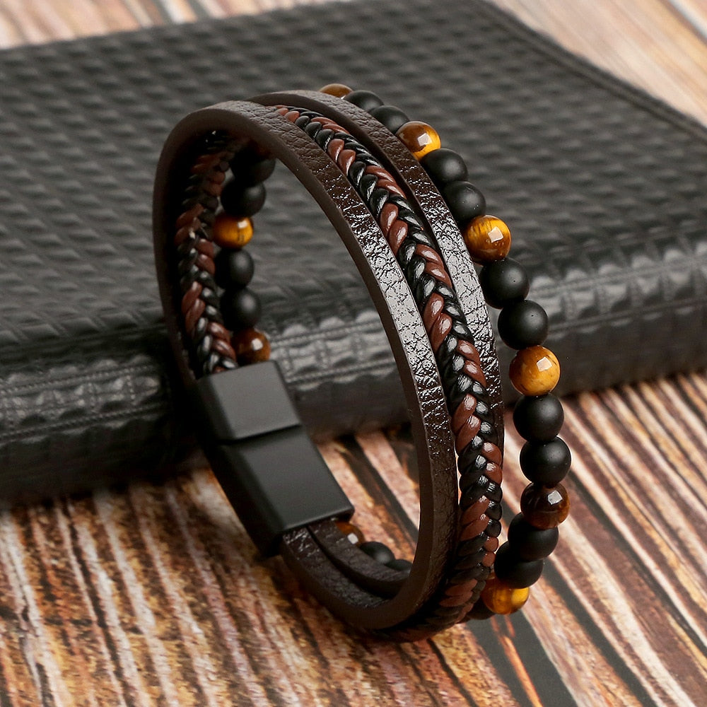 Classic Cross Leather Bracelet For Men Stainless Steel Multi Layer