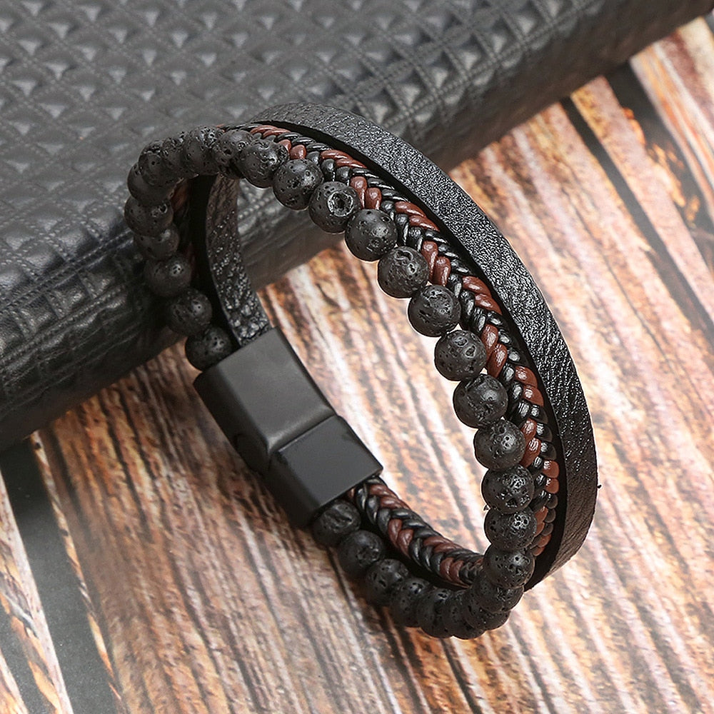 Classic Cross Leather Bracelet For Men Stainless Steel Multi Layer