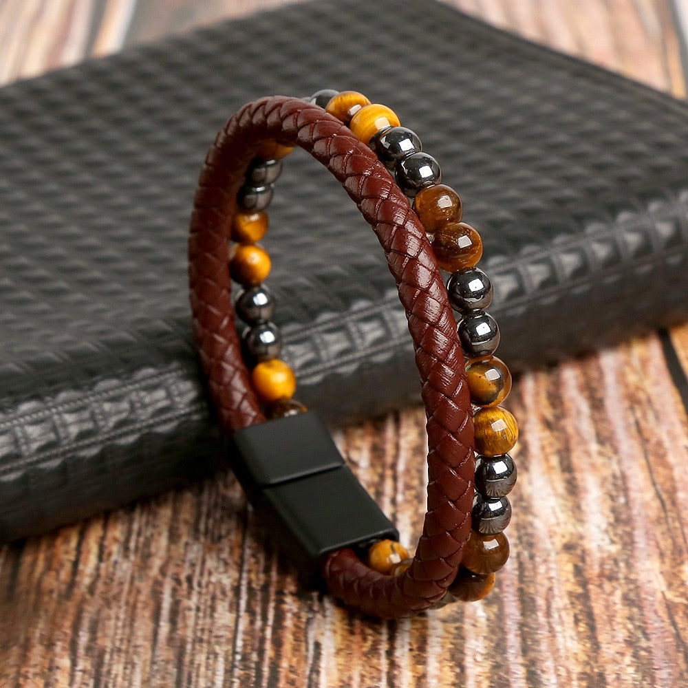 Classic Cross Leather Bracelet For Men Stainless Steel Multi Layer