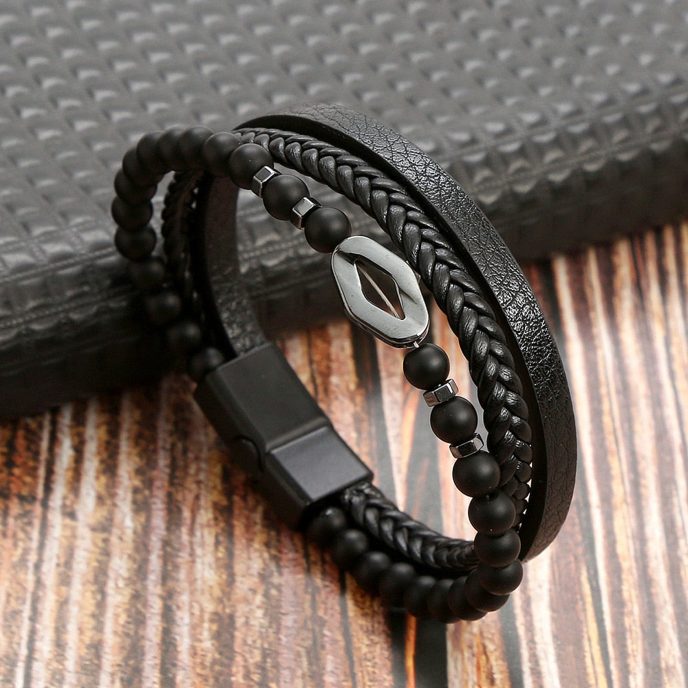 Classic Cross Leather Bracelet For Men Stainless Steel Multi Layer