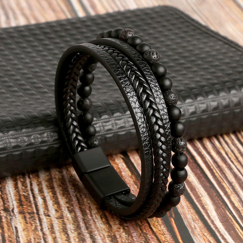 Classic Cross Leather Bracelet For Men Stainless Steel Multi Layer