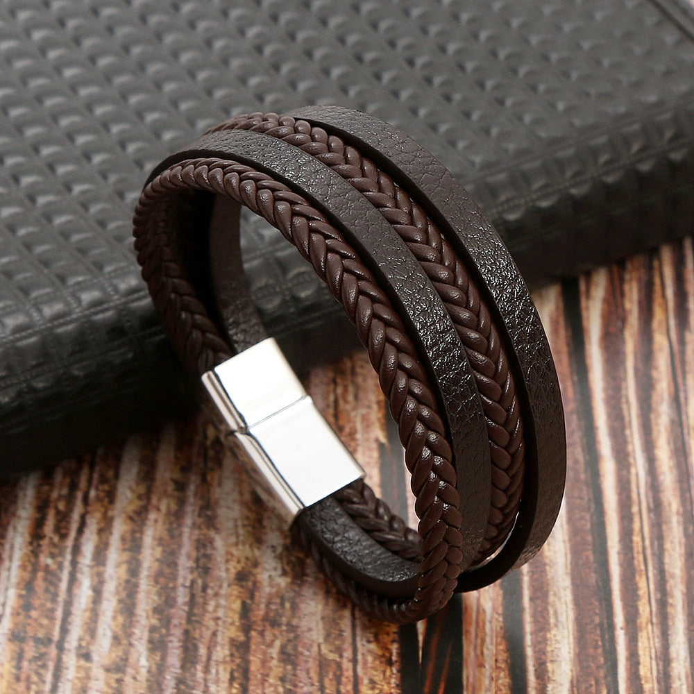 Classic Cross Leather Bracelet For Men Stainless Steel Multi Layer