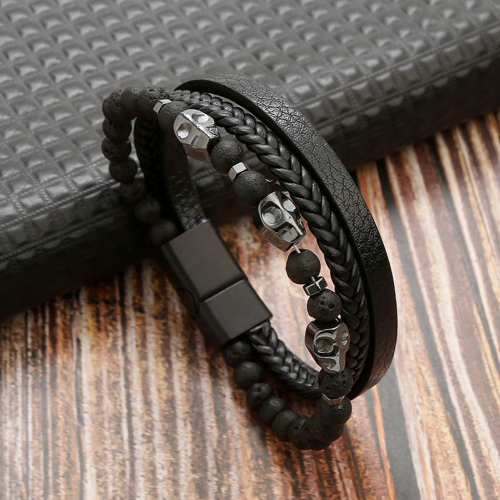 Classic Cross Leather Bracelet For Men Stainless Steel Multi Layer