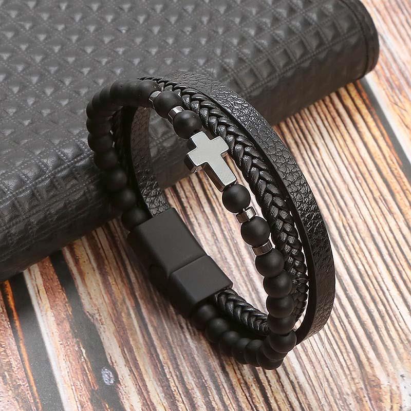 Classic Cross Leather Bracelet For Men Stainless Steel Multi Layer