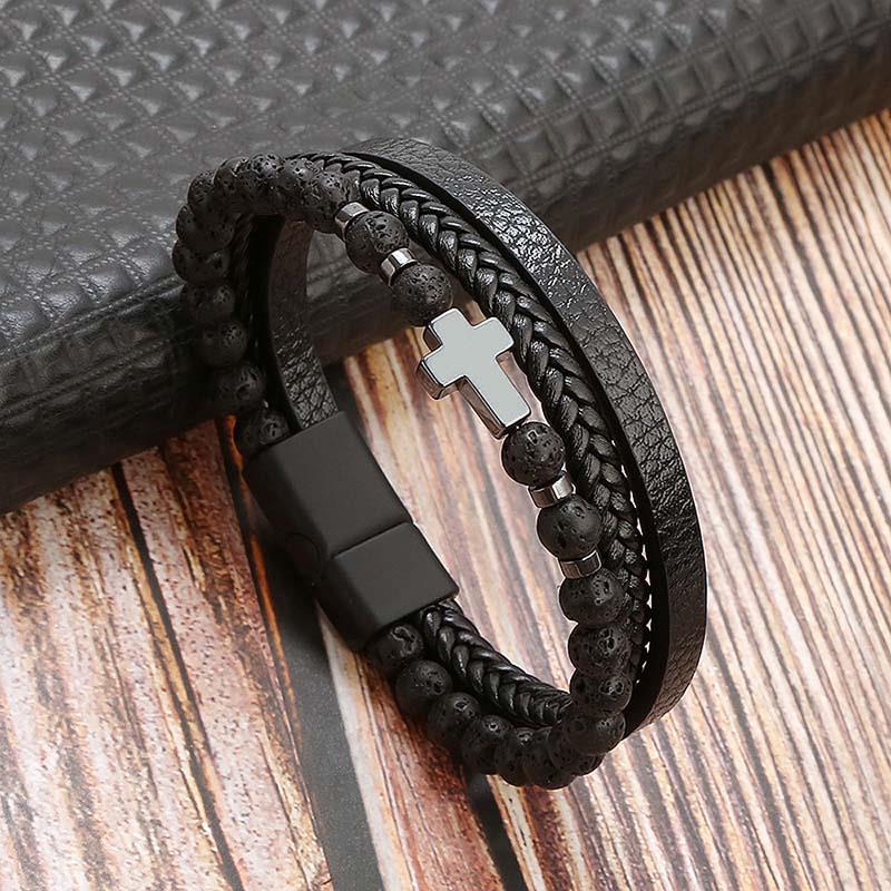 Classic Cross Leather Bracelet For Men Stainless Steel Multi Layer