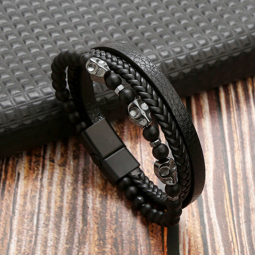 Classic Cross Leather Bracelet For Men Stainless Steel Multi Layer