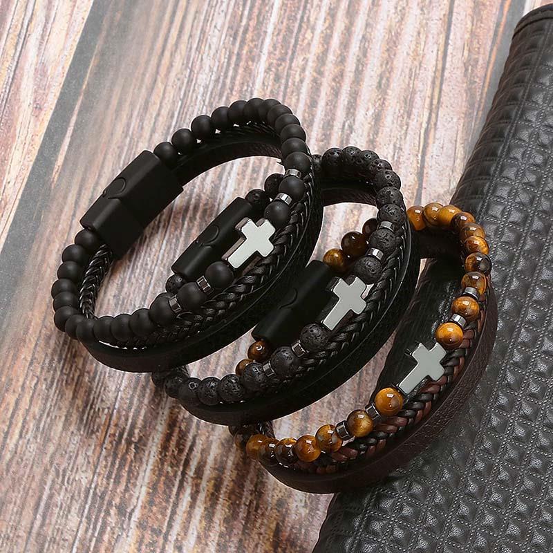 Classic Cross Leather Bracelet For Men Stainless Steel Multi Layer