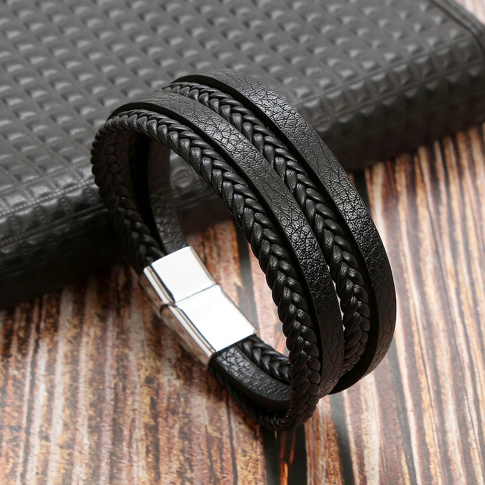 Classic Cross Leather Bracelet For Men Stainless Steel Multi Layer