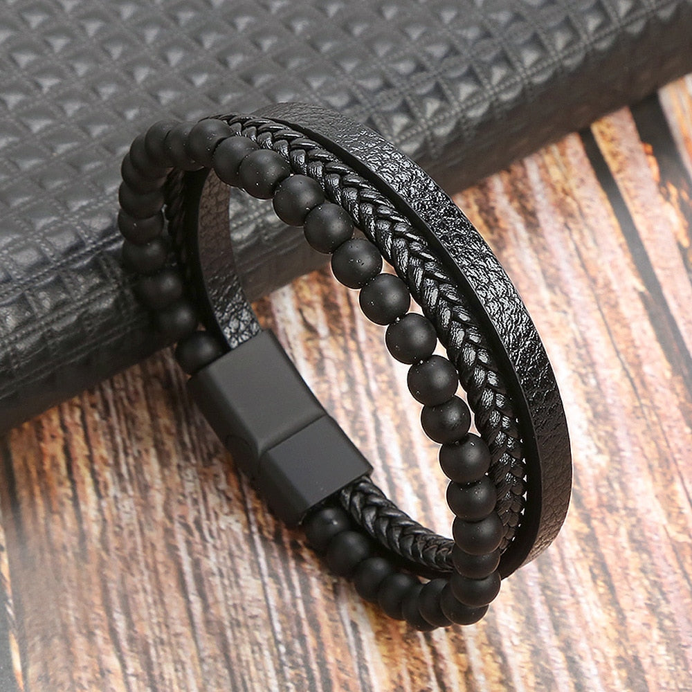 Classic Cross Leather Bracelet For Men Stainless Steel Multi Layer