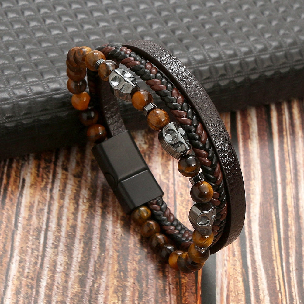 Classic Cross Leather Bracelet For Men Stainless Steel Multi Layer