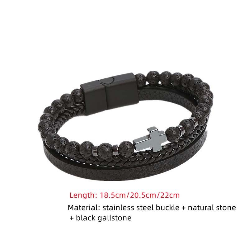 Classic Cross Leather Bracelet For Men Stainless Steel Multi Layer