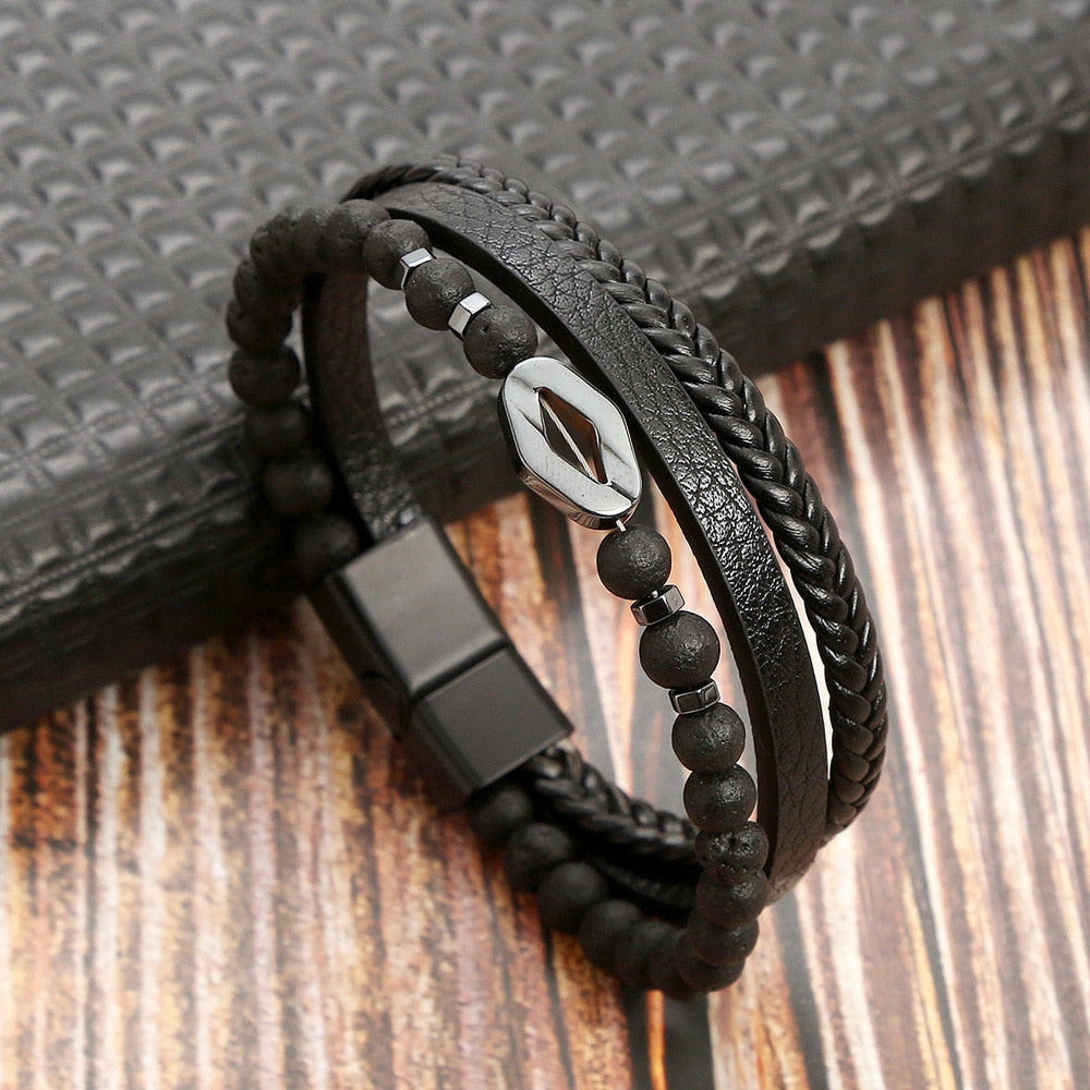 Classic Cross Leather Bracelet For Men Stainless Steel Multi Layer