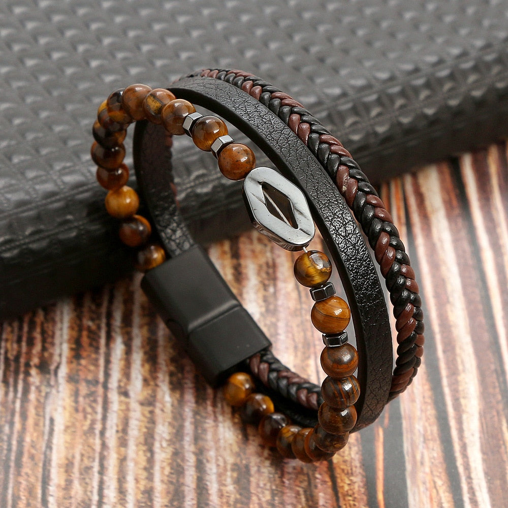 Classic Cross Leather Bracelet For Men Stainless Steel Multi Layer