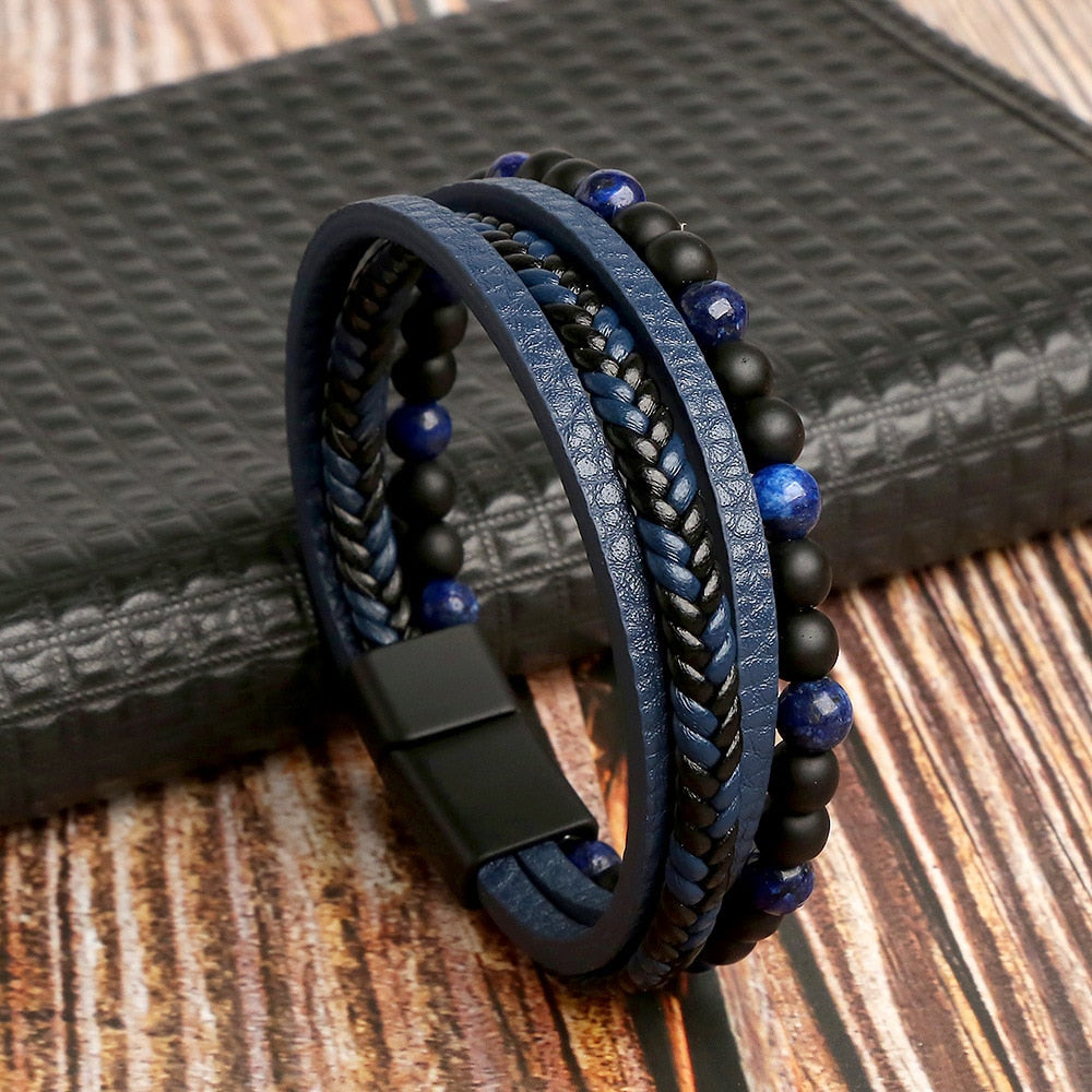Classic Cross Leather Bracelet For Men Stainless Steel Multi Layer