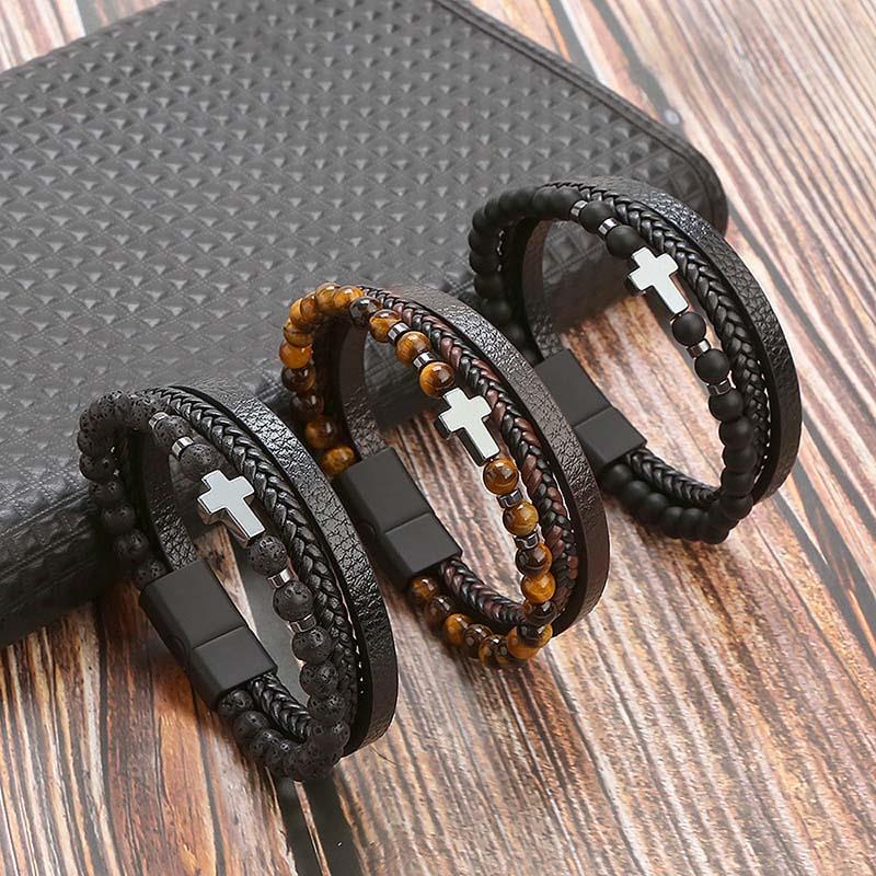 Classic Cross Leather Bracelet For Men Stainless Steel Multi Layer