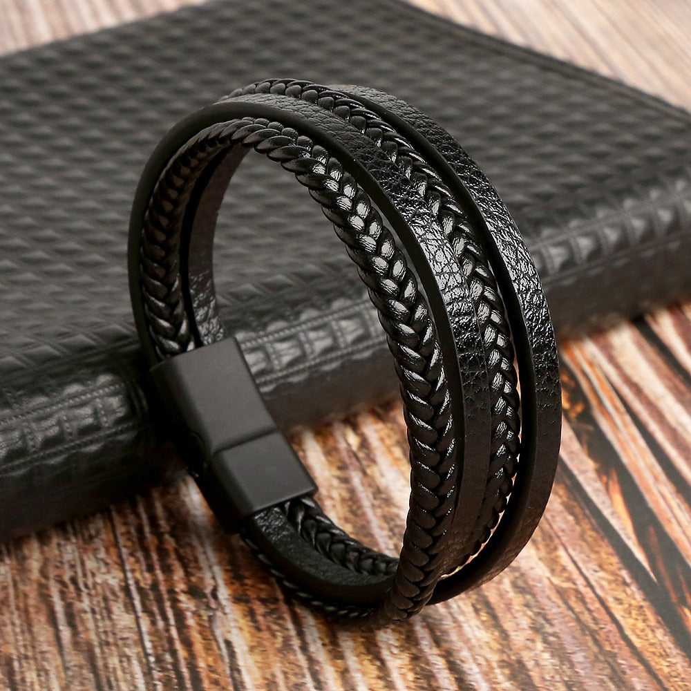 Classic Cross Leather Bracelet For Men Stainless Steel Multi Layer