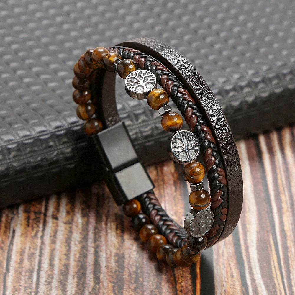Classic Cross Leather Bracelet For Men Stainless Steel Multi Layer