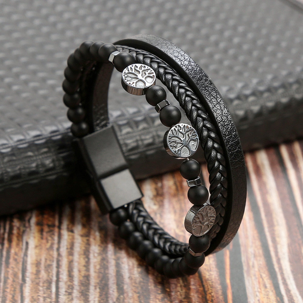 Classic Cross Leather Bracelet For Men Stainless Steel Multi Layer