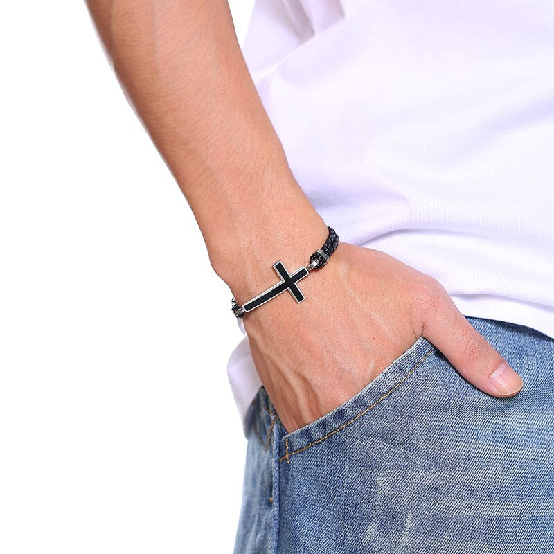 Men Casual Sideways Cross Charm Black Braided Leather Rope Bracelets Bangles Male Prayer Gifts Jewelry