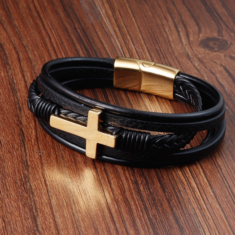 Luxury Multicolor Cross Design Classic Stainless Steel Men's Leather Bracelet  Choose Handsome Men's Gifts