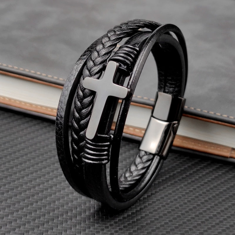 MingAo Trendy Vintage Men Leather Bracelet Cross Charms Stainless Steel Magnetic Clasp Multilayer Braided Bracelets Male Jewelry