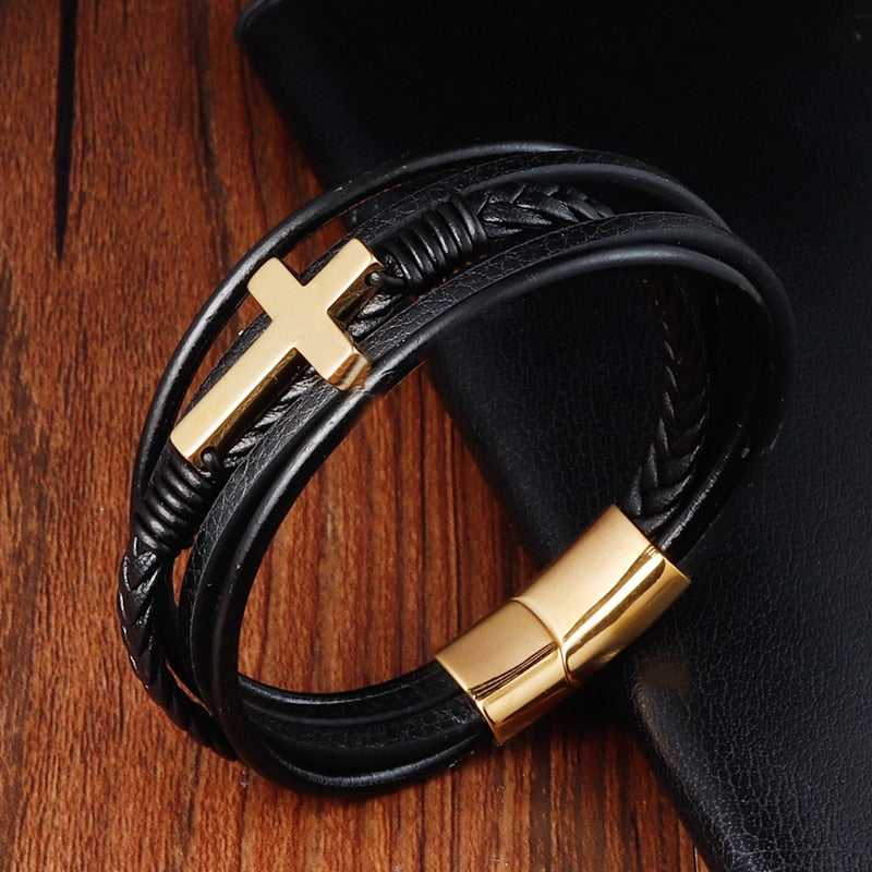 Luxury Multicolor Cross Design Classic Stainless Steel Men's Leather Bracelet  Choose Handsome Men's Gifts