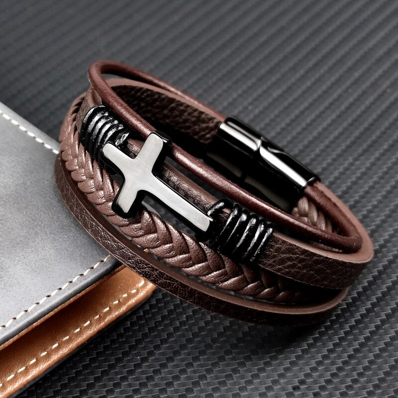 MingAo Trendy Vintage Men Leather Bracelet Cross Charms Stainless Steel Magnetic Clasp Multilayer Braided Bracelets Male Jewelry