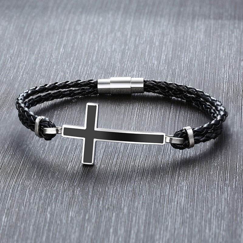 Men Casual Sideways Cross Charm Black Braided Leather Rope Bracelets Bangles Male Prayer Gifts Jewelry