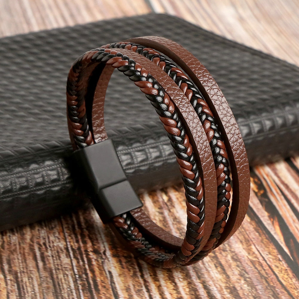 Classic Cross Leather Bracelet For Men Stainless Steel Multi Layer