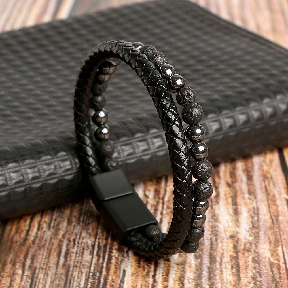 Classic Cross Leather Bracelet For Men Stainless Steel Multi Layer